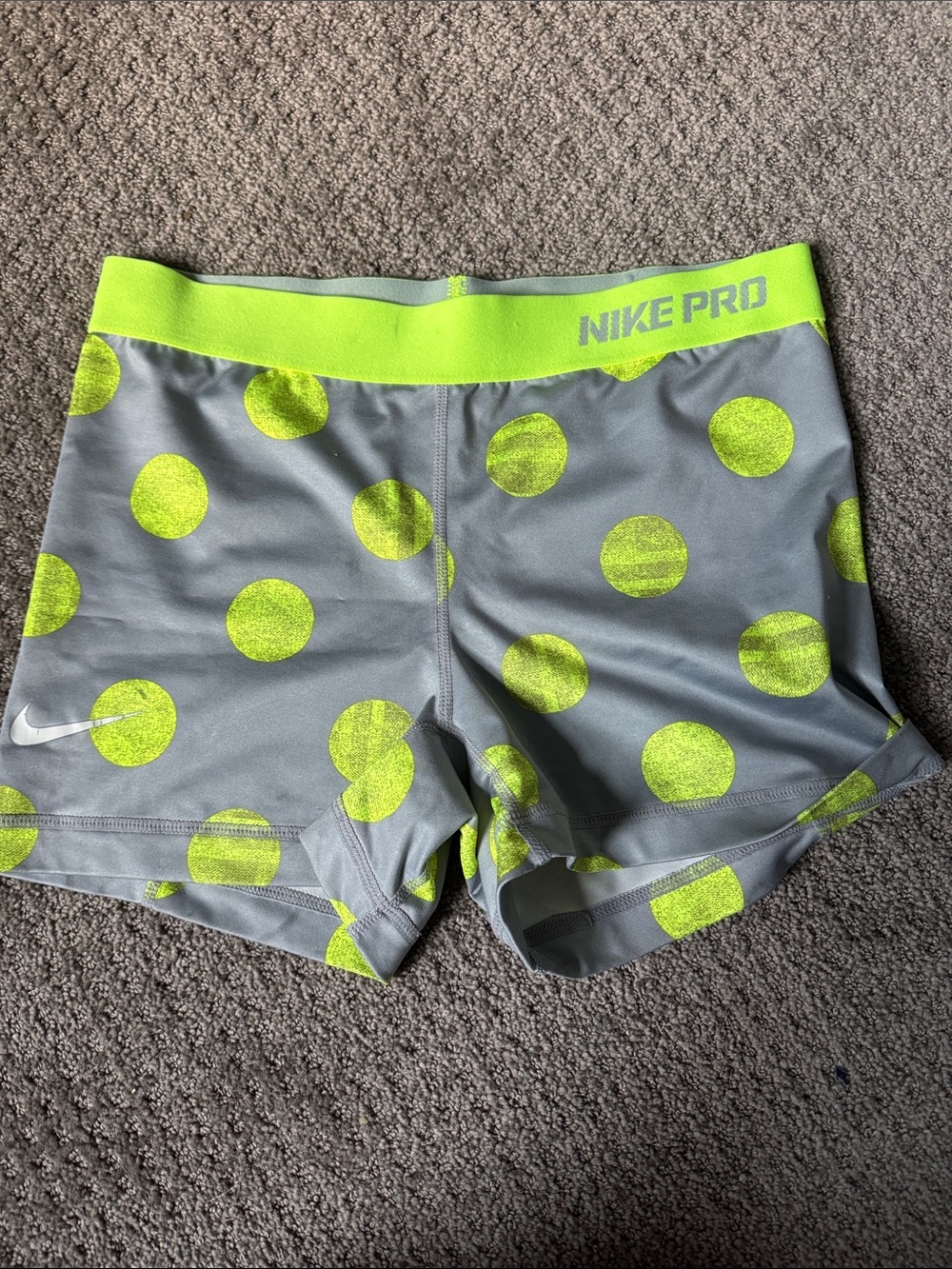 Nike Pro Gray Athletic Shorts with Neon Yellow Polka Dots